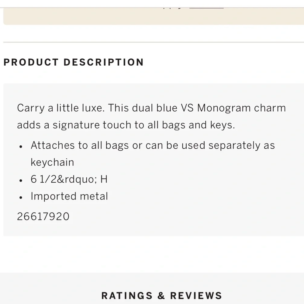 VICTORIA SECRET VS MONOGRAM KEYCHAIN CHARM - Picture 3 of 3